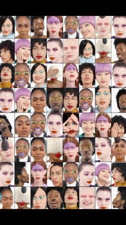 Multiple faces with colorful makeup in a grid. Fashion and beauty concept. Variety of skin tones and hair styles.