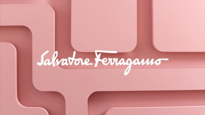 Salvatore Ferragamo logo on a layered pale pink background. Geometric design, minimalist aesthetic.