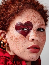 Close-up portrait of a woman with red hair, heavy freckles, and a large burgundy heart painted over one eye by photographer Lacey.