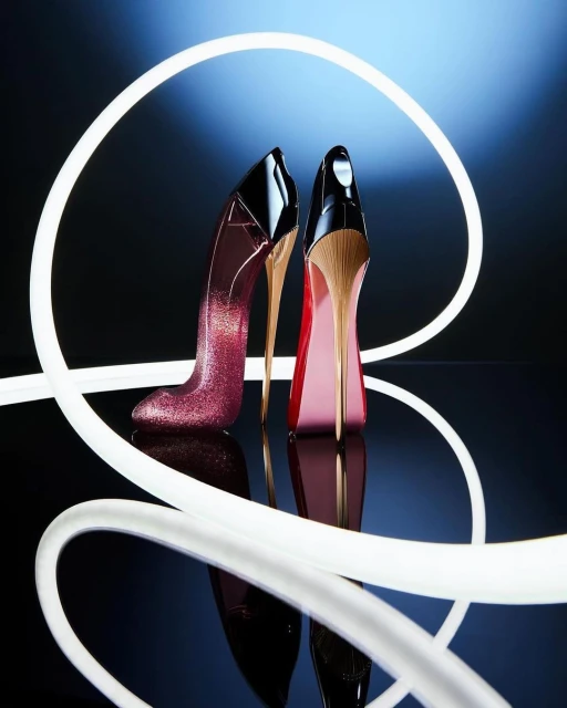 Two heel-shaped perfume bottles in pink and red stand on a reflective surface illuminated by white neon tubes and a gradient blue backdrop.