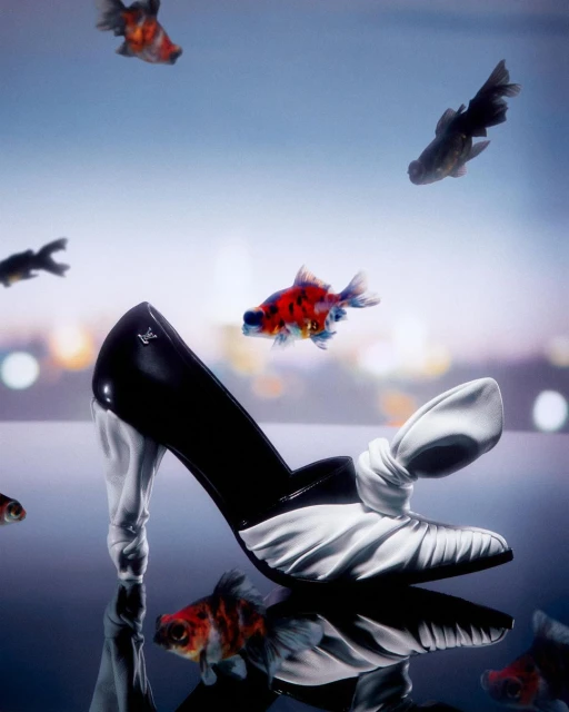 High heel shoe with goldfish swimming around it, reflecting on a shiny surface against a blurred cityscape and a blue gradient sky.