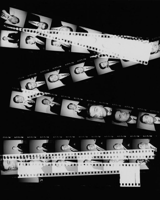 Black and white negative film strips show a man in a suit in a series of portrait photographs, with the film edges visible.