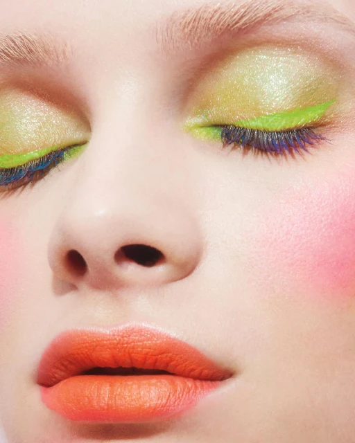 Close-up of a woman's face showcasing vibrant yellow and green eyeshadow, blue mascara, pink blush, and orange lipstick for a colorful makeup look.