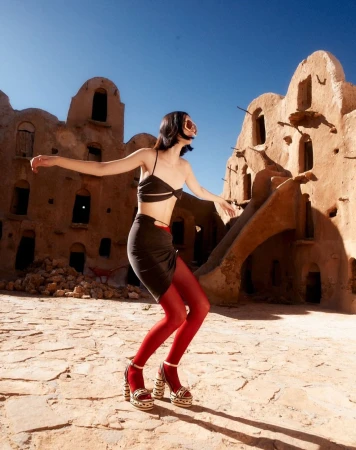 An adult woman poses in a black crop top and skirt with red tights and platform heels in front of an ancient desert dwelling.