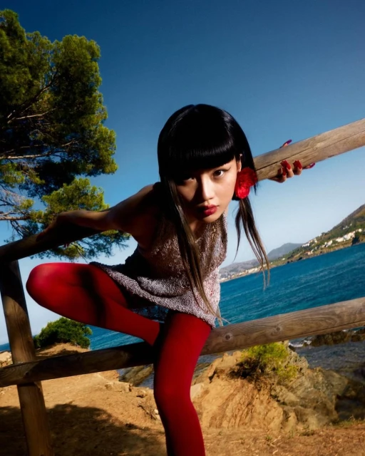 A young Asian woman in a dress and red tights leans on a wooden railing by the sea on a sunny day. Coastal landscape view.