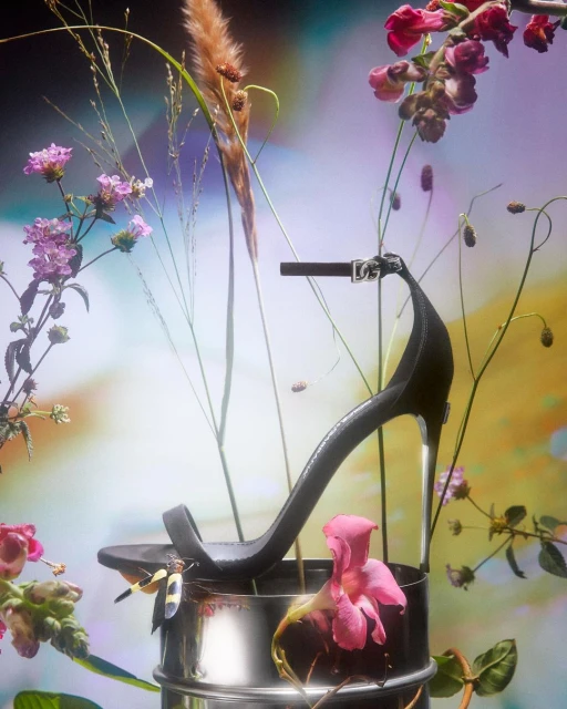Still life shot of a black high-heeled sandal on a reflective metal cylinder with an array of wildflowers against a gradient background.