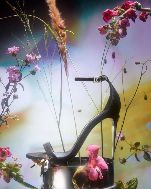 Black high heel sandal on a metallic surface surrounded by pink and purple flowers and tall grass against an abstract colorful background.