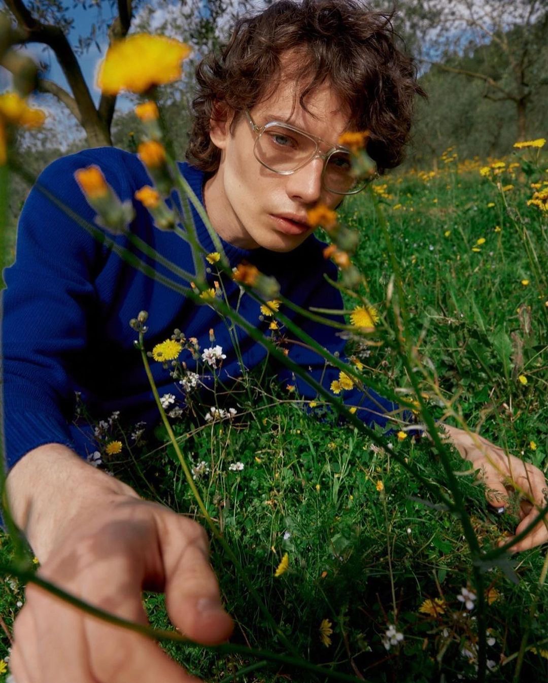 Young man in a royal blue sweater and eyeglasses lying amidst green grass and yellow wildflowers, photographed by Laia Benavides.