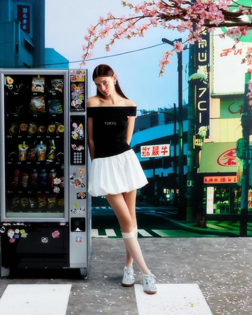 Young woman poses by vending machine against backdrop of a Tokyo street with cherry blossoms in the foreground, in a fashion style.