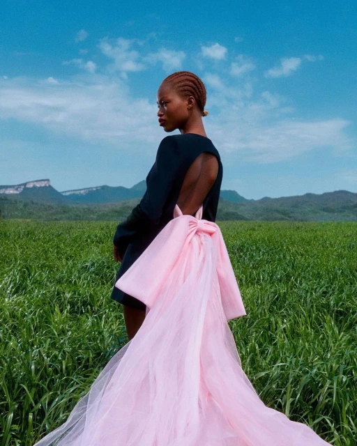 Woman in open-back dress with large pink bow poses in a green field under a blue sky. Landscape view, fashion editorial.