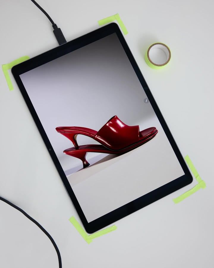 Elevated view of a tablet screen displaying a photograph of red heeled sandals, taped to a white surface next to tape roll.