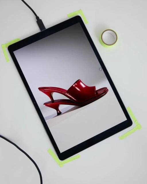 Elevated view of a tablet screen displaying a photograph of red heeled sandals, taped to a white surface next to tape roll.
