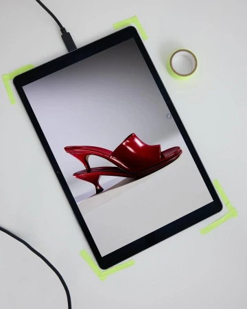 Elevated view of a tablet screen displaying a photograph of red heeled sandals, taped to a white surface next to tape roll.