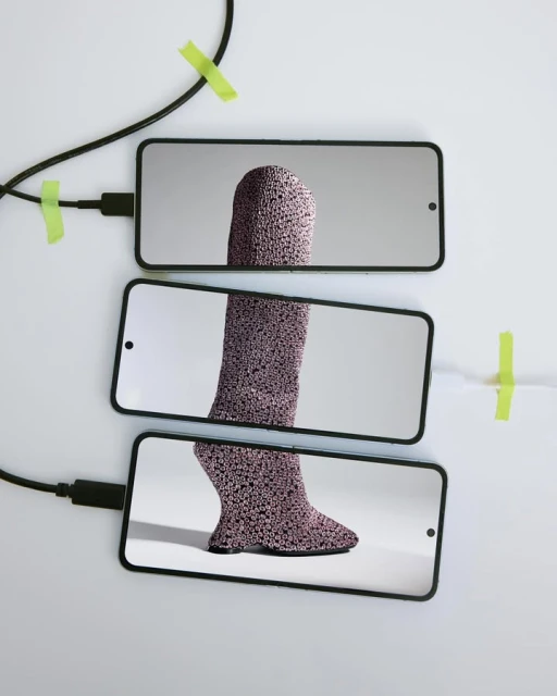 Three smartphones display parts of a textured leg on a white surface, connected by black cables and secured with green tape.