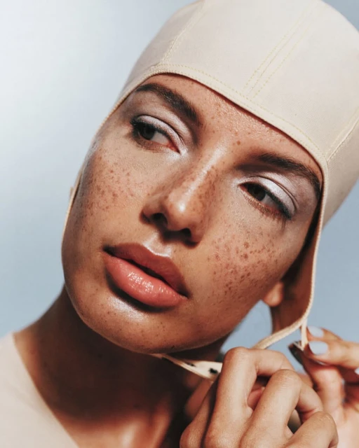 Close-up portrait of a woman with freckles wearing a beige cap and light eye makeup, focusing on beauty and skincare in a studio setting.