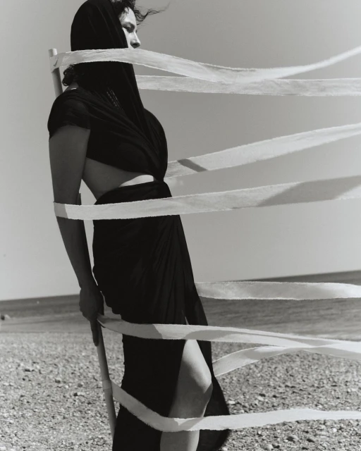 Monochrome shot of a woman wrapped in fabric standing on a beach, featuring ribbons, a shore, and a serene sky, creating a dramatic scene.