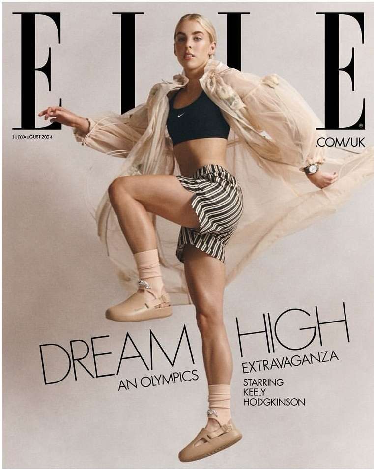 Fashion editorial cover featuring Keely Hodgkinson in athleisure wear with a sheer robe, striped shorts, socks, and platform shoes against a light backdrop.