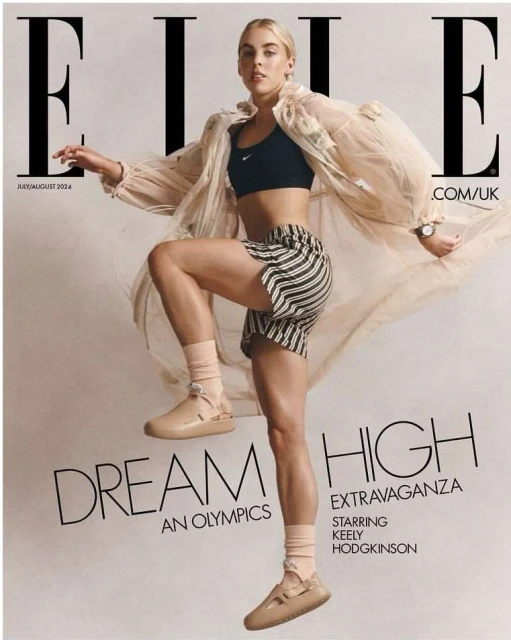 Fashion editorial cover featuring Keely Hodgkinson in athleisure wear with a sheer robe, striped shorts, socks, and platform shoes against a light backdrop.