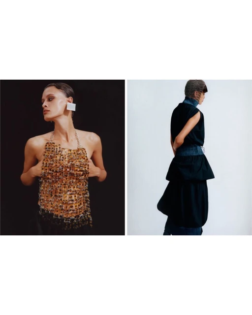Two fashion models pose in a diptych: one wears a brown chainmail top and large square earring; the other wears a black sleeveless dress.