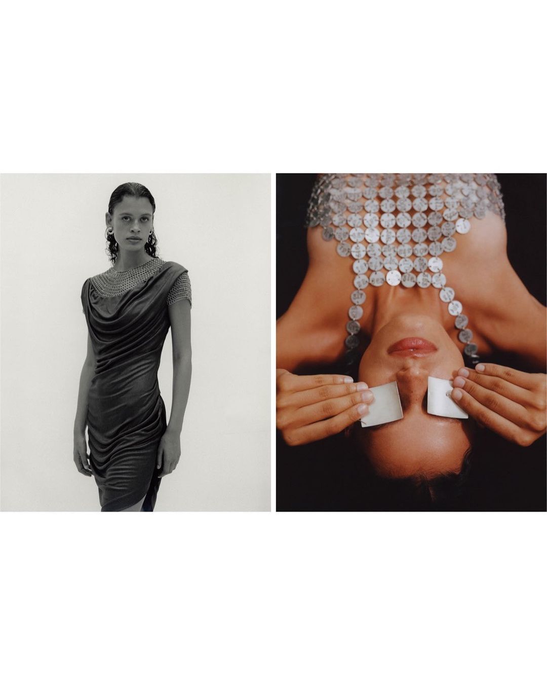 Editorial image features a woman in a draped dress and a second woman receiving a facial treatment with cotton pads and a coin top.