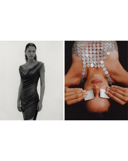 Editorial image features a woman in a draped dress and a second woman receiving a facial treatment with cotton pads and a coin top.