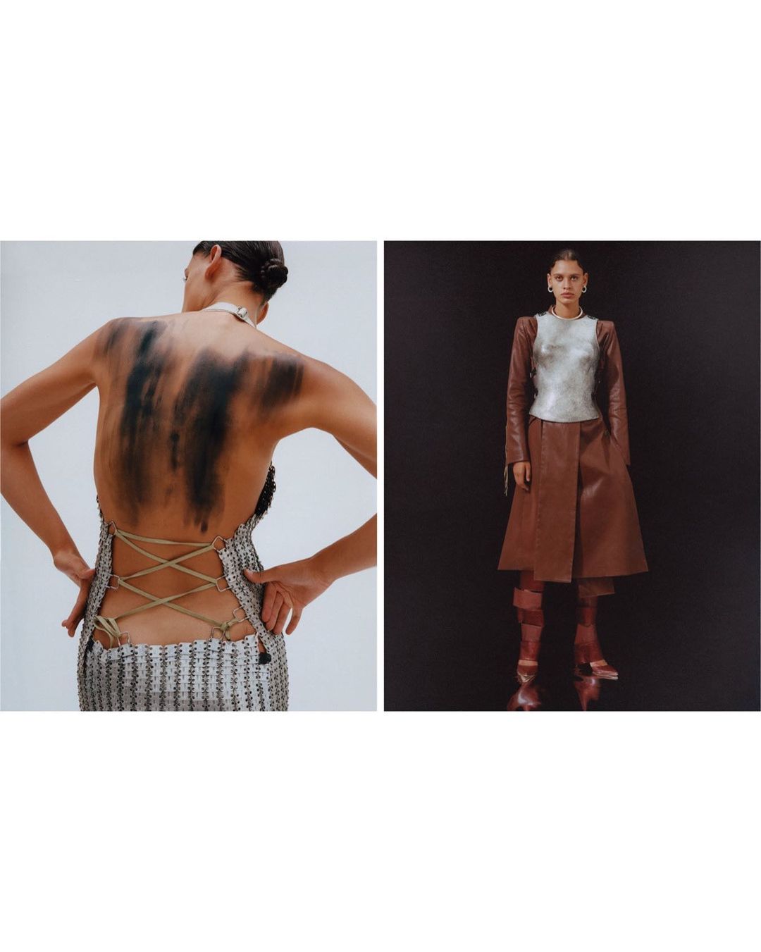 Two models showcase unique fashion designs: one wearing a backless silver dress, the other a leather coat and high boots.