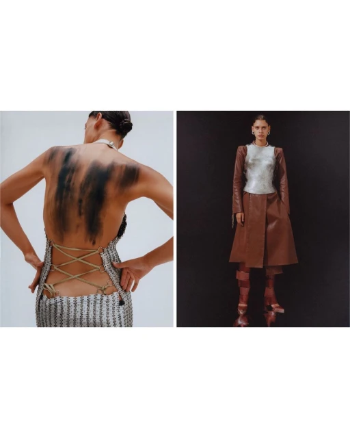 Two models showcase unique fashion designs: one wearing a backless silver dress, the other a leather coat and high boots.