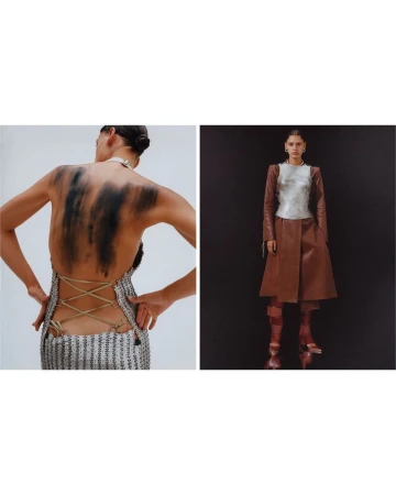 Two models showcase unique fashion designs: one wearing a backless silver dress, the other a leather coat and high boots.