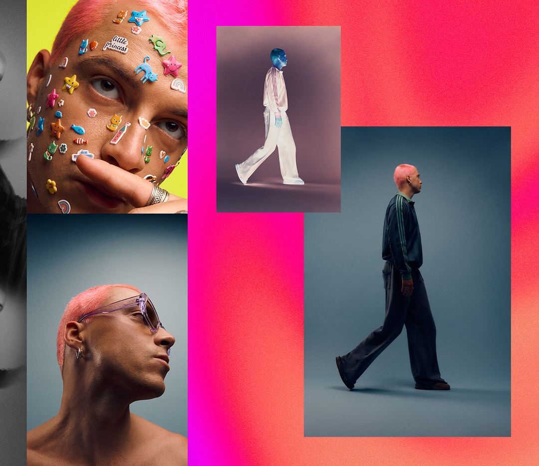 Composite fashion shot: man with pink hair and stickers, casual full-body poses in studio, bold neon colors, side profile with glasses.