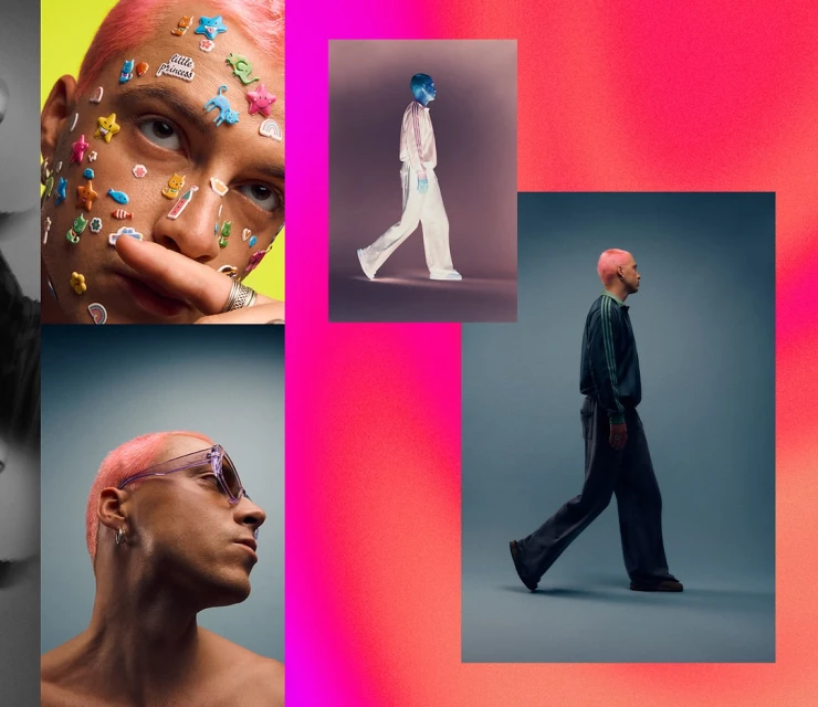 Composite fashion shot: man with pink hair and stickers, casual full-body poses in studio, bold neon colors, side profile with glasses.