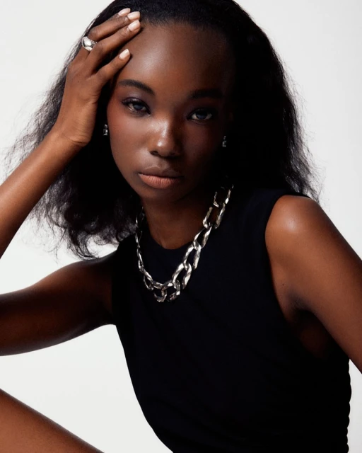 Elegant studio portrait of an African American woman wearing a black top and chunky silver necklace, posing with her hand on her head.