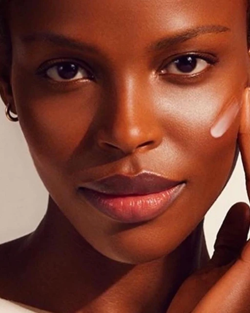 Close-up portrait of an adult female model with dark skin, featuring cream on her face. Beauty shot for a skincare or cosmetic product.