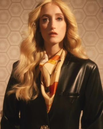 Portrait of a blonde woman wearing a black leather blazer and a patterned silk scarf against a patterned honeycomb wall.
