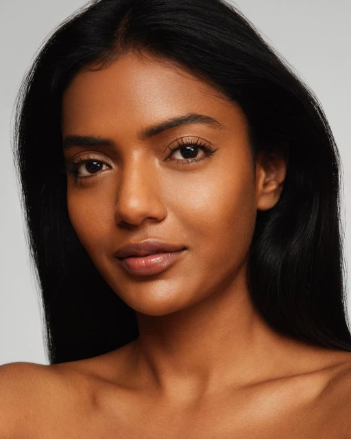Close-up portrait of a woman with dark hair and warm skin tone, looking directly at the camera against a neutral backdrop in a beauty shot.
