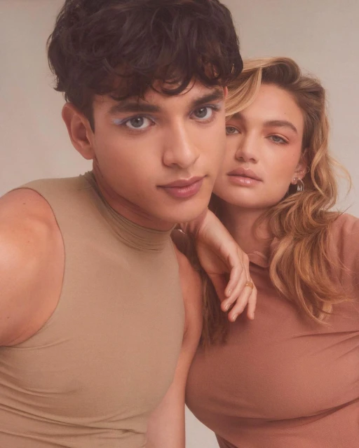 Close-up of a young man and woman with makeup, standing together in a studio setting, showcasing beauty and fashion elements.