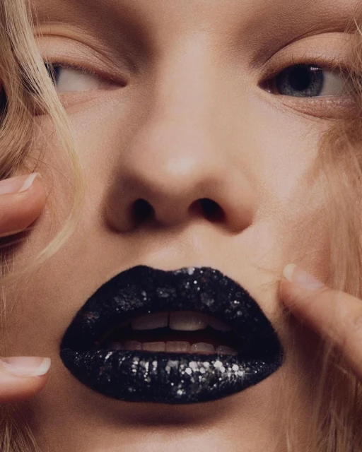 Close-up of a fair-skinned woman's face featuring bold, glittery black lipstick, soft blonde hair, and her fingers gently touching her face.