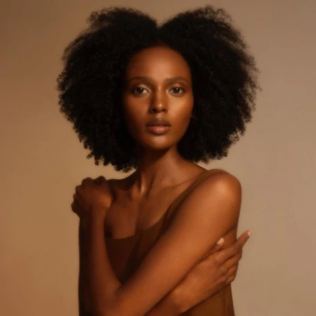 Close-up studio portrait of a serene Black woman with crossed arms and dark brown hair, set against a warm beige background.