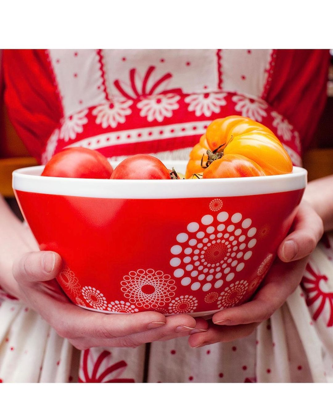 A person holds a red and white bowl filled with fresh tomatoes, showcasing a focus on healthy eating and home-grown produce.