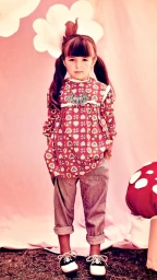 A young girl with pigtails wearing a patterned red top, cuffed trousers, and saddle shoes in front of a pink backdrop.