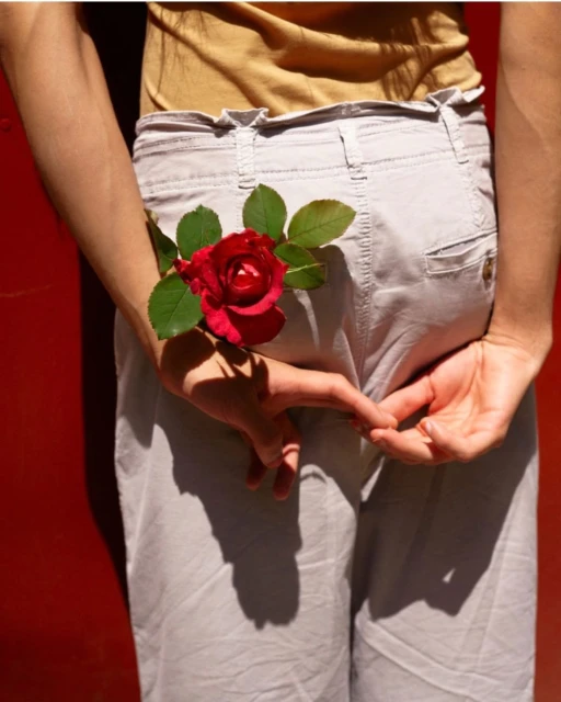Person from the waist down holding a red rose behind their back against a red background with a light shadow on the lower right side.