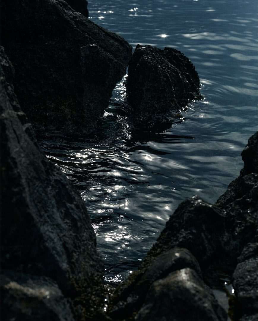 Close-up of black rocks at the water's edge, reflecting sunlight on the rippling surface, creating a textured, dark, and shimmering nature scene.