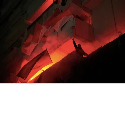Figure on a balcony raising a fist amid red smoke flares and hanging flags at night in Berlin by Lars Borges.