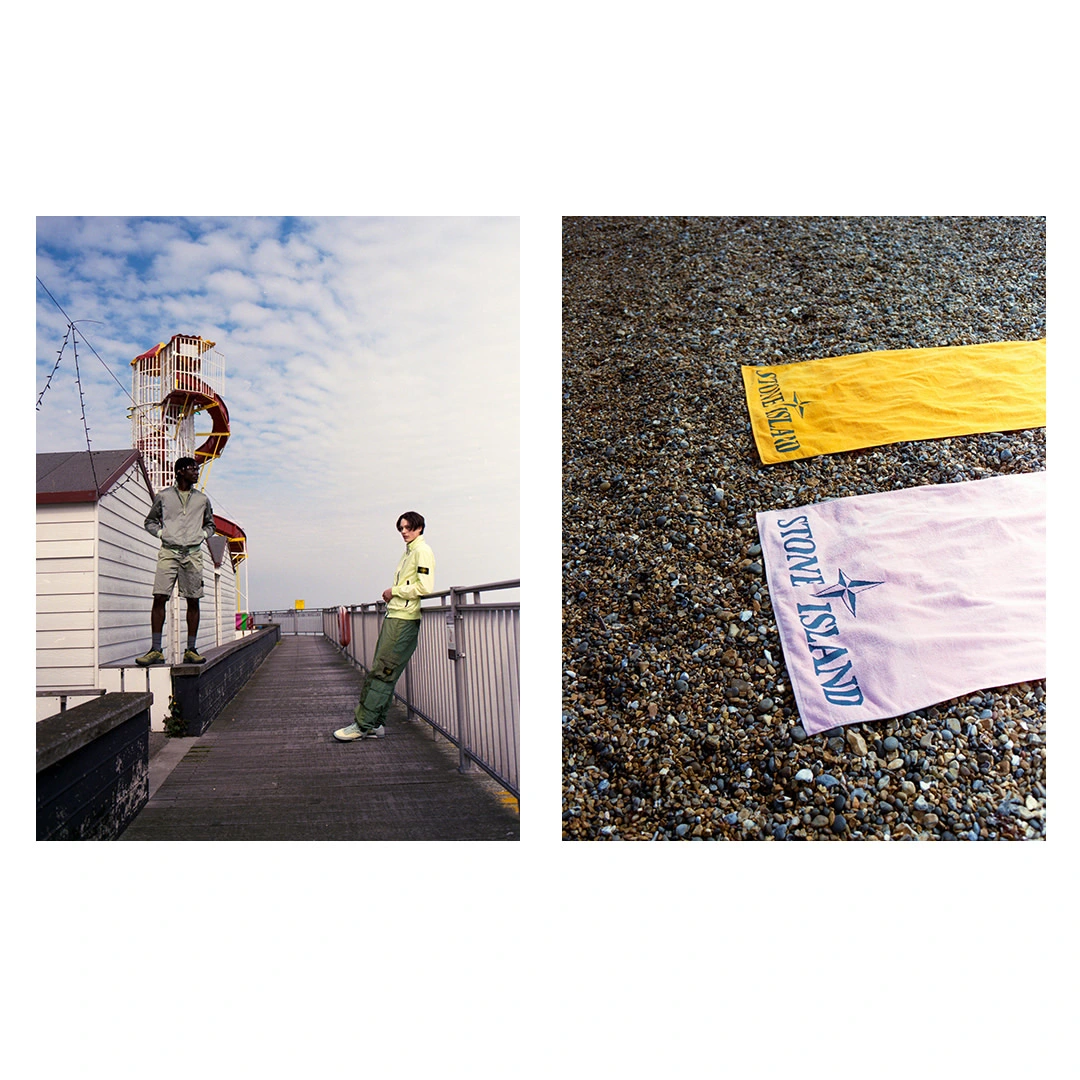 Diptych photograph with two men outdoors on a pier and two branded towels laid out on a pebbled beach by Laura Allard-fleischl