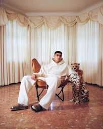 Young man in cream hoodie and sweatpants seated in a leather chair beside a toy leopard figurine