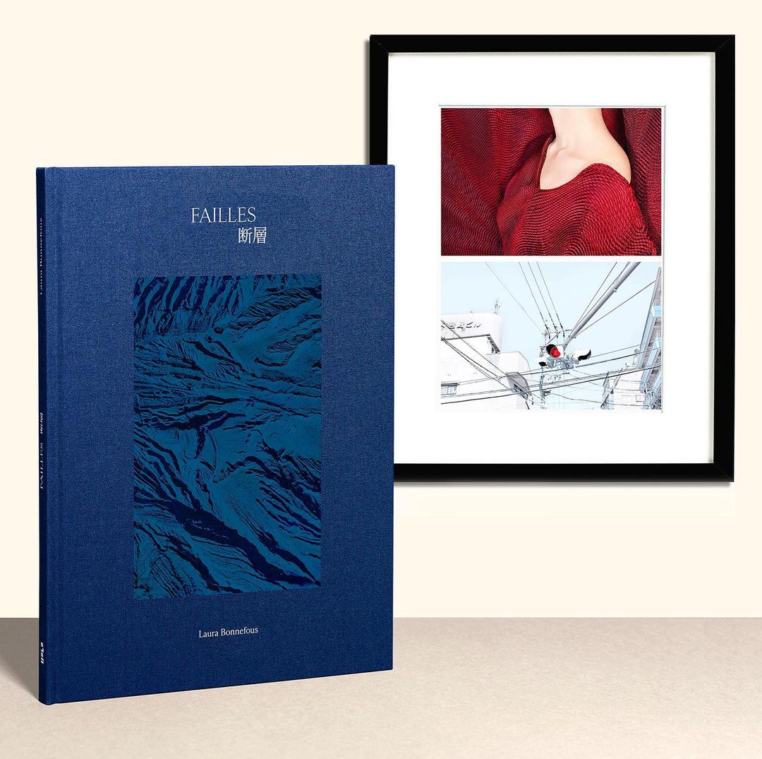Blue hardcover book titled FAILLES alongside a framed diptych of human skin and a building with visible wiring.