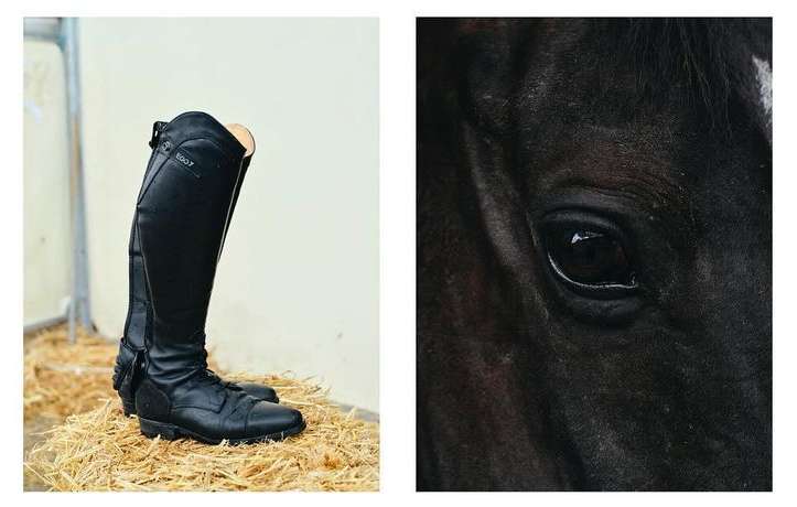 Equestrian-themed product shot showcasing tall black riding boots and close-up of black horse eye on a split background.