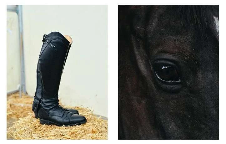 Equestrian-themed product shot showcasing tall black riding boots and close-up of black horse eye on a split background.