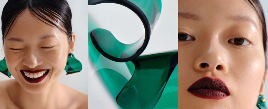 Three panels showcase an Asian woman smiling with dark lipstick, a transparent green acrylic sculpture, and a close-up of the woman's face.