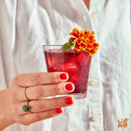 Woman's hand holding a cocktail glass filled with a red beverage, ice cubes, and garnished with an orange flower on a white background.