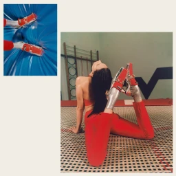 A woman in red sportswear and silver metallic loafers arches backwards on a patterned mat in an indoor gym.